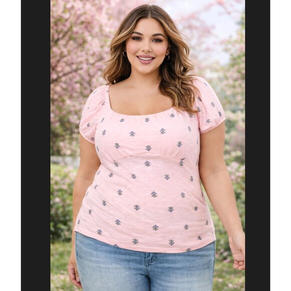 Torrid Super Soft Slub Babydoll Top 2X Pink Ditsy Floral Scoop Neck Stretch NWT - Picture 1 of 13